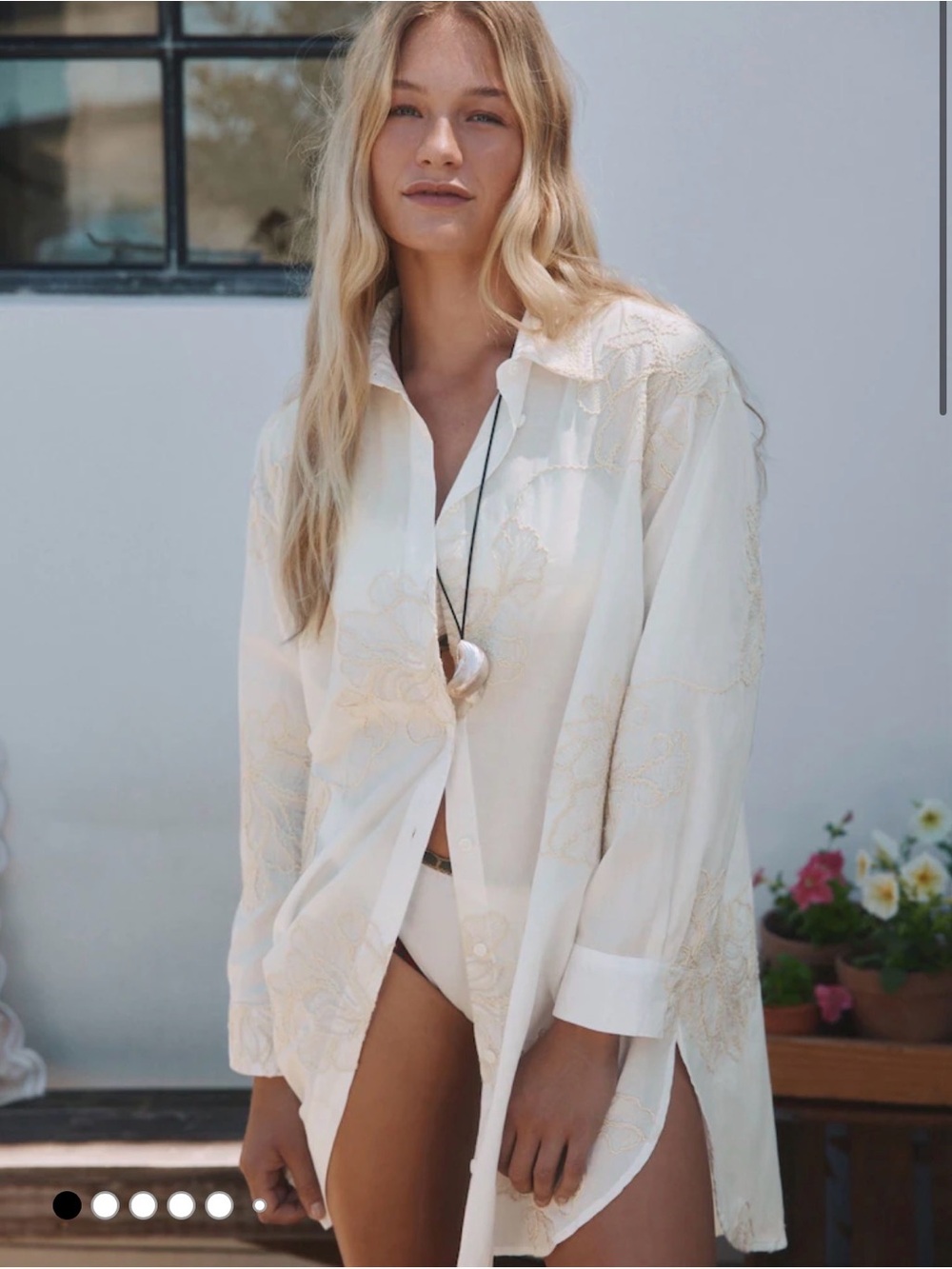 next White Button-Down Shirt with Cream Floral Embroidery